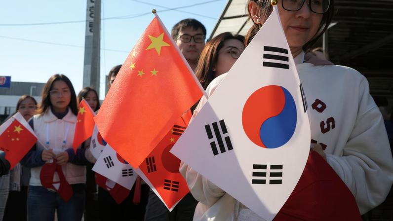 Pro-China supporters hold China and South Korea flags near Gimhae International Airport in Busan, South Korea, October 30, 2025. REUTERS/Tyrone Siu/File Photo