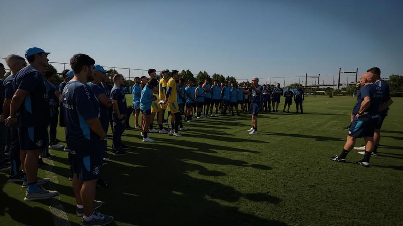 Elenco do Grêmio durante apresentação para a temporada de 2026 (Foto: Lucas Uebel/Grêmio)
