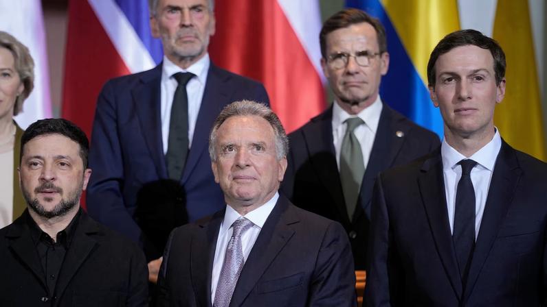 Ukraine's President Volodymyr Zelenskiy, Steve Witkoff, special envoy of the United States, and Jared Kushner stand together at the Chancellery in Berlin, Germany, December 15, 2025. Markus Schreiber/Pool via REUTERS