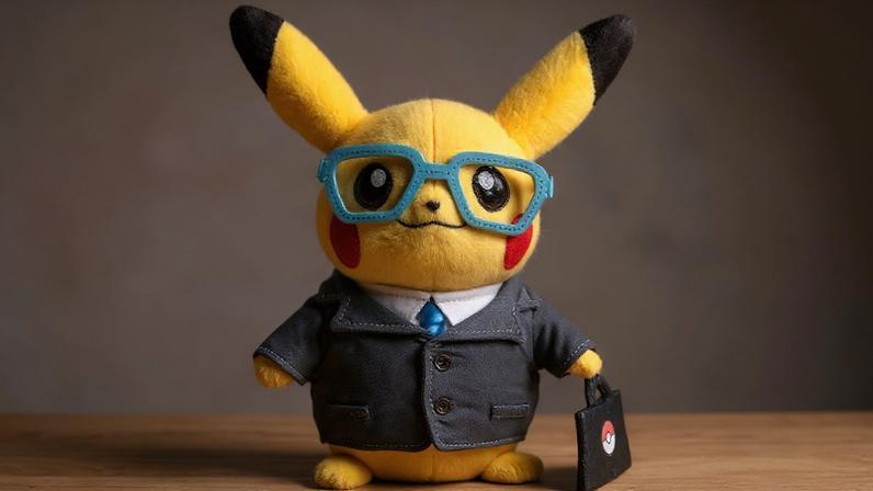 An Intern Pikachu plush wears a suit, glasses, and holds a briefcase.
