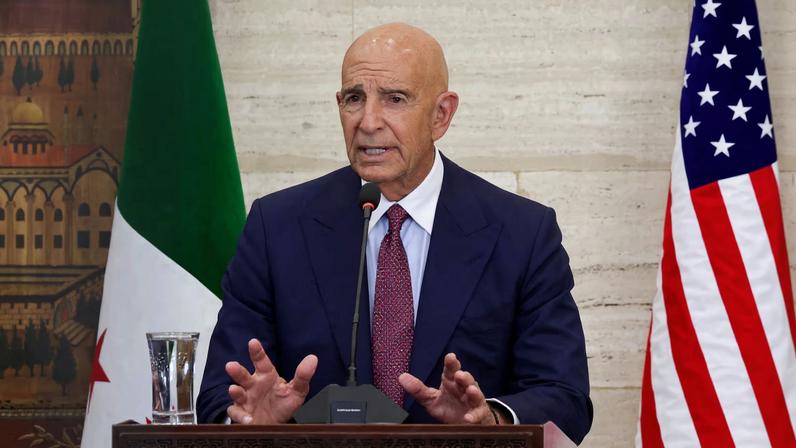 U.S. special envoy for Syria Tom Barrack speaks during a press conference with Syrian Foreign Minister Asaad Hassan al-Shibani and Jordanian Foreign Minister Ayman Safadi, in Damascus, Syria September 16, 2025. REUTERS/Khalil Ashawi