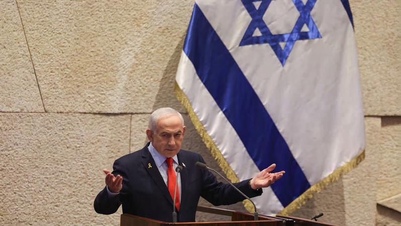 Israeli Prime Minister Benjamin Netanyahu speaks as he attends a session at the plenum of the Knesset, Israel’s parliament, in Jerusalem, January 5, 2026. REUTERS/Ronen Zvulun