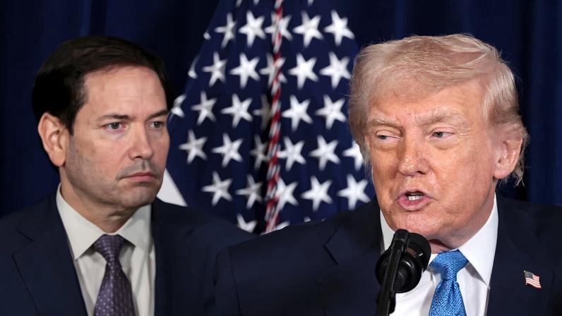 U.S. President Donald Trump speaks as U.S. Secretary of State Marco Rubio looks on during a press conference following a U.S. strike on Venezuela where President Nicolas Maduro and his wife, Cilia Flores, were captured, from Trump's Mar-a-Lago club in Palm Beach, Florida, U.S., January 3, 2026. REUTERS/Jonathan Ernst