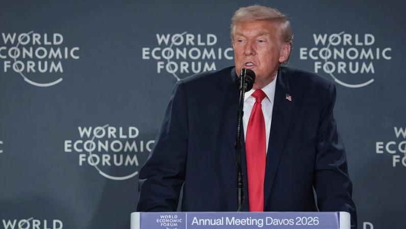 U.S. President Donald Trump speaks during a reception with business leaders, at the 56th annual World Economic Forum (WEF), in Davos, Switzerland, January 21, 2026. REUTERS/Jonathan Ernst