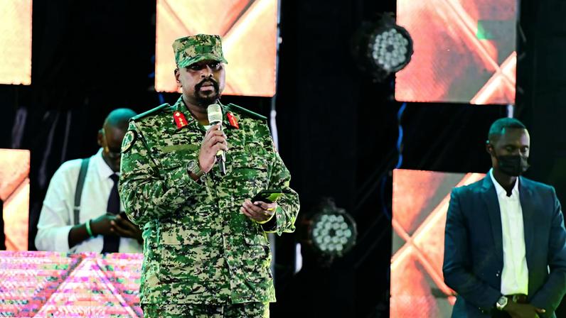 Lt. General Muhoozi Kainerugaba, the son of Uganda's President Yoweri Museveni, who leads the Ugandan army's land forces, speaks during his birthday party in Entebbe, Uganda May 7, 2022. REUTERS/Abubaker Lubowa