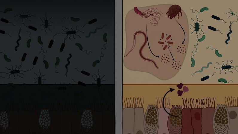 A view of healthy tissue on left shows bacteria and health mucus layer. On right, viruses appear and are blocked by mltln2 in the mucus layer.