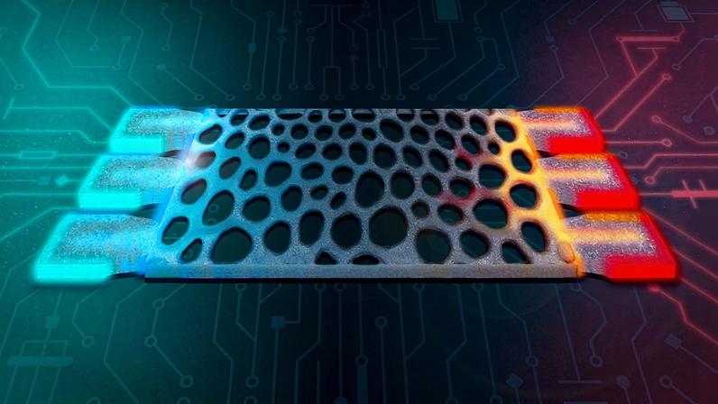 This artistic rendering shows a thermal analog computing device, which performs computations using excess heat, embedded in a microelectronic system.