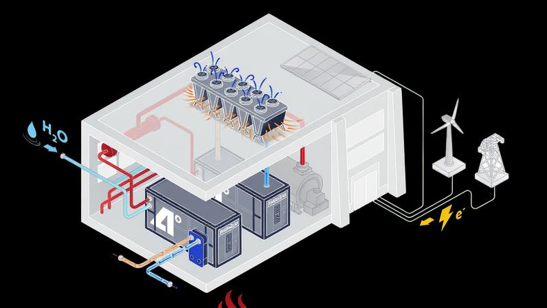 A modular heat pump diagram shows how water and electricity from green energy goes in the large system to produce steam.