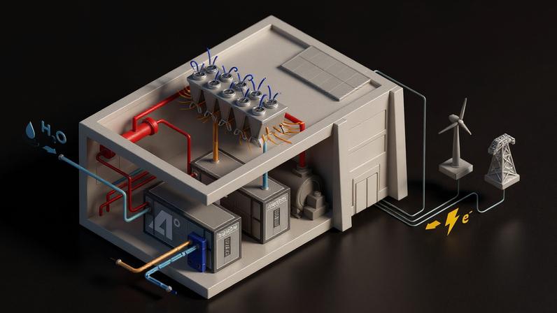 A modular heat pump diagram shows how water and electricity from green energy goes in the large system to produce steam.