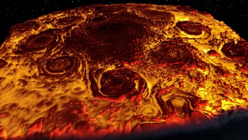 This infrared 3D image of Jupiter's north pole shows a ring of 8 vortices surrounding a central cyclone. MIT researchers have now identified a mechanism that determines whether a gas giant evolves one versus multiple polar vortices.