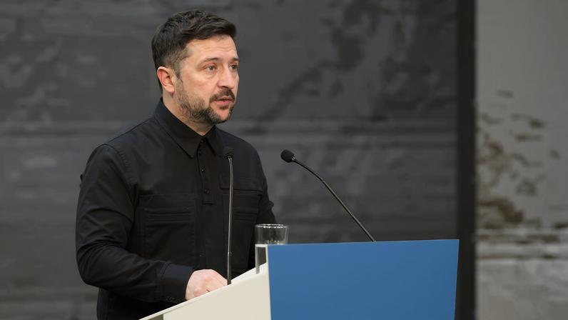 Ukraine's President Volodymyr Zelenskiy speaks during the official opening of Cyprus taking over the EU presidency at the THOC theatre in Nicosia