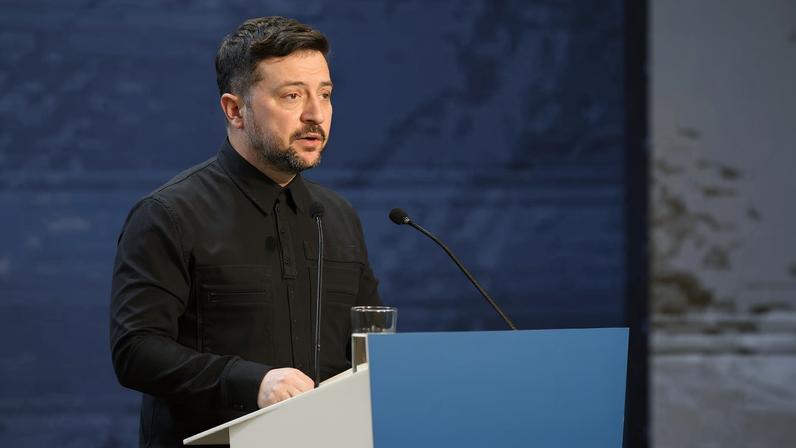 Ukraine's President Volodymyr Zelenskiy speaks during the official opening of Cyprus taking over the EU presidency at the THOC theatre in Nicosia