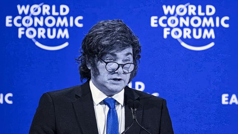 Javier Milei em Davos, em 21 de janeiro de 2026. Foto: Fabrice Coffrini/AFP