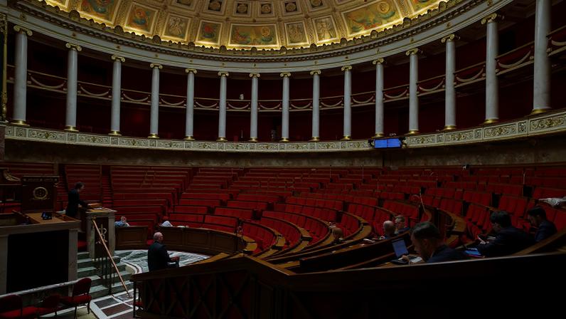 General view of the hemicycle during a debate before votes on two no-confidence motions against the French government tabled by members of parliament of La France Insoumise (France Unbowed - LFI) and the Rassemblement National (National Rally - RN), in response to the government's handling of the EU-Mercosur trade deal, during a session at the National Assembly in Paris, France, January 14, 2026.