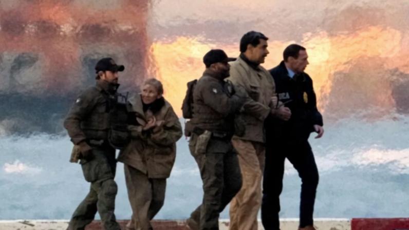 Law enforcement officials escort captured Venezuelan President Nicolas Maduro and his wife Cilia Flores across a helicopter landing pad. The background is hazy and orange.
