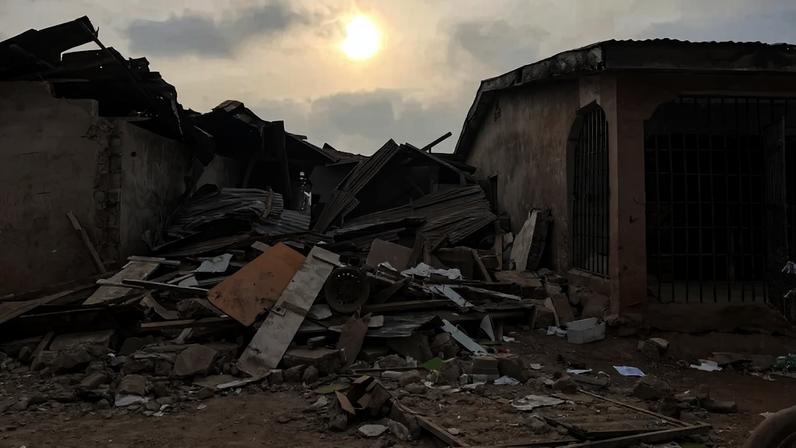 A pile of rubble from a destroyed building sits between two mostly intact single-story structures. The sun is visible overhead, low in the sky as it permeates through gray partial cloud cover.