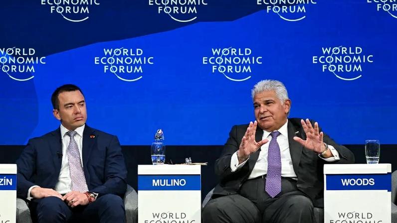 Ecuadoran President Daniel Noboa (left) and Panamanian President José Raúl Mulino attend the World Economic Forum in Davos, Switzerland, on Jan. 20.