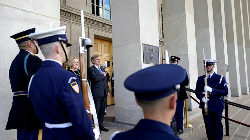 Undersecretary of Defense for Policy Elbridge Colby listens to the national anthem as he welcomes New Zealand Defense Minister Judith Collins at the Pentagon in Washington, D.C., U.S., October 20, 2025. REUTERS/Al Drago