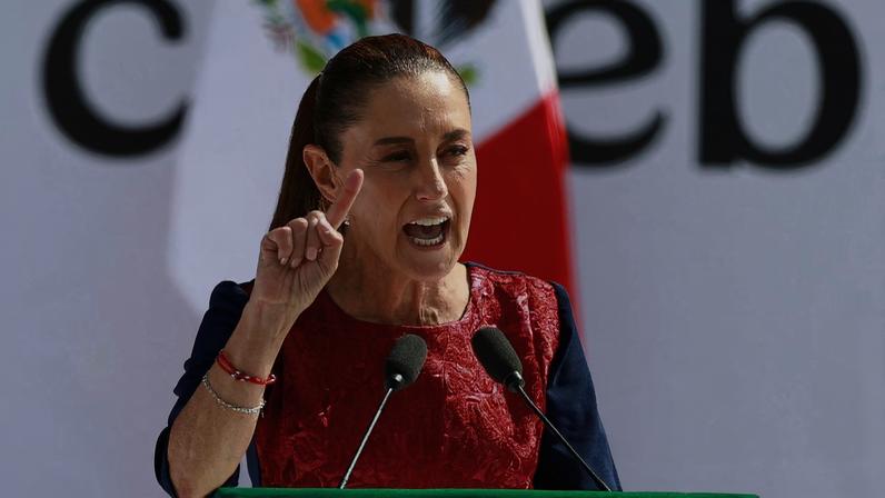 Mexico's President Claudia Sheinbaum speaks during an event in Zocalo Square to commemorate 7 years since her party, Morena, came to power, in Mexico City, Mexico December 6, 2025. REUTERS/Raquel Cunha/File Photo