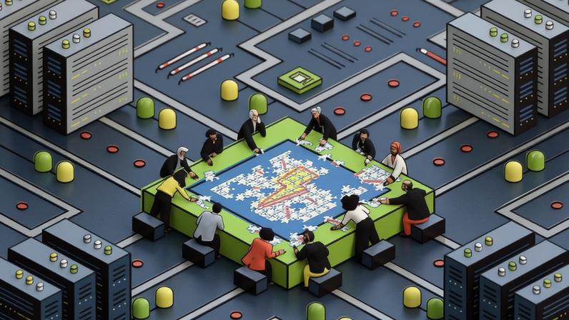 The cover page of an FP Collection titled The AI Arms Race with an illustration of people gathered around a digital table.
