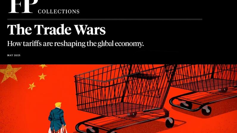 The cover page for an FP Collections pdf on The Trade Wars with an illustration of Donald Trump of Donald Trump on a red background with yellow stars of the China flag. In front of him are large shopping carts