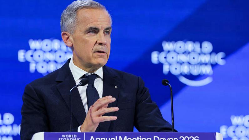 Canada's Prime Minister Mark Carney speaks during the 56th annual World Economic Forum (WEF) meeting in Davos, Switzerland, January 20, 2026. REUTERS/Denis Balibouse