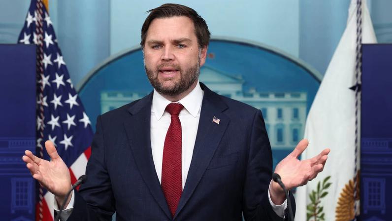 U.S. Vice President JD Vance speak to reporters in the briefing room at the White House in Washington