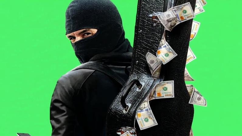 Photo illustration of man in a mask with a phone and cash coming out of a guitar case