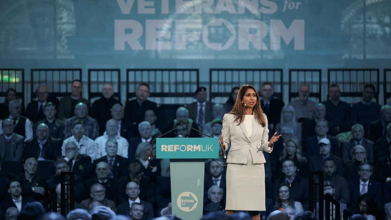 Former British Home Secretary Suella Braverman, who today announced she has defected from the Conservative Party to Reform UK, speaks at a Veterans for Reform press launch, in London, Britain, January 26, 2026. REUTERS/Isabel Infantes