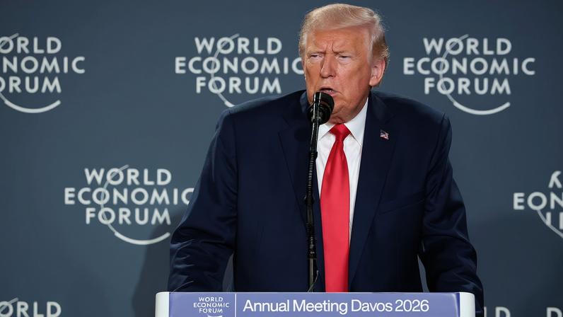 U.S. President Donald Trump speaks during a reception with business leaders at the 56th annual World Economic Forum (WEF), in Davos, Switzerland, January 21, 2026. REUTERS/Jonathan Ernst/File Photo