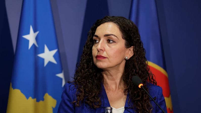 Kosovo's President Vjosa Osmani looks on during a press conference with German Foreign Minister Johann Wadephul (not in picture) in Pristina, Kosovo, November 18, 2025. REUTERS/Valdrin Xhemaj
