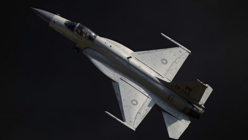A JF-17 Thunder fighter participates in a flying display during the 51st Paris Air Show at Le Bourget airport near Paris