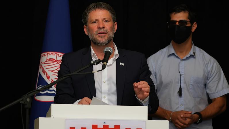 Israeli Finance Minister Smotrich speaks at a press conference regarding settlements expansion, near the Israeli settlement of Maale Adumim