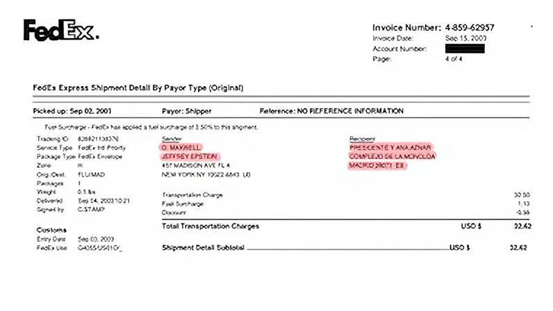 Recibo de un paquete enviado por Epstein al presidente Aznar en septiembre de 2003. El recibo forma parte de los archivos publicados por el Gobierno de Estados Unidos el 30 de enero de 2026.