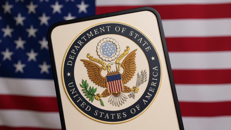 United States Department of State logo and U.S. flag are seen in this illustration created on April 23, 2025.