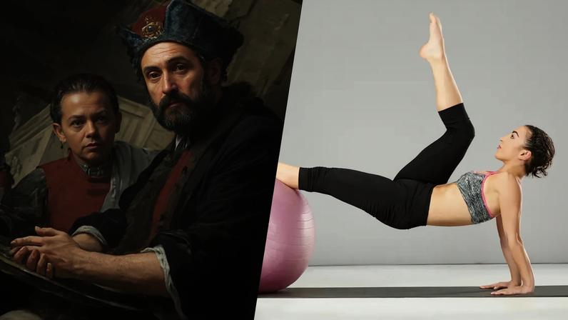 Montagem com as imagens do quadro "Pilatos lavando as mãos" de Mattia Preti (1663) e de uma garota fazendo pilates.