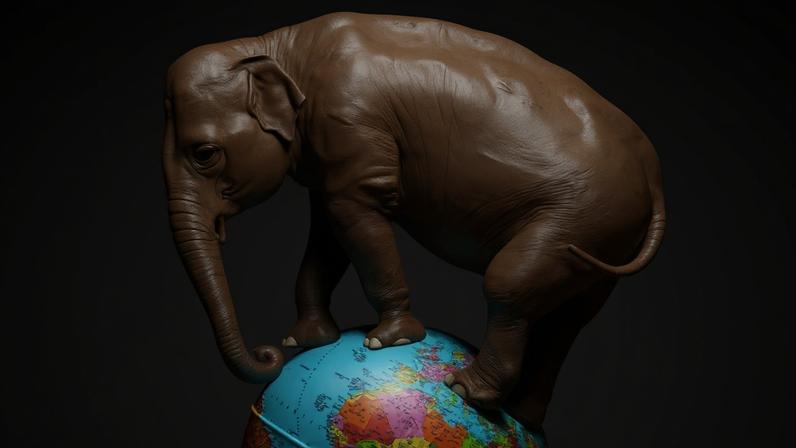 Imagem, em fundo branco, de um elefante se equilibrando num globo terrestre.