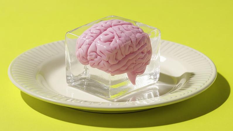 Imagem conceitual, em fundo verde limão, de um cérebro humano dentro de um cubo de gelo em cima de um prato de porcelana.