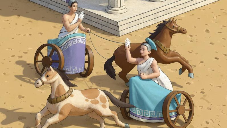Ilustração cômica de dois condutores de bigas mostrando o dedo médio um para o outro.