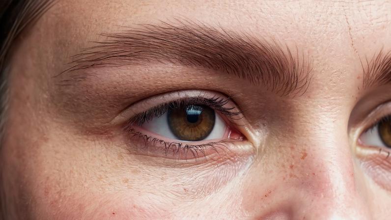 Imagem, em close up, do olho e sobrancelha de uma garota ruiva.