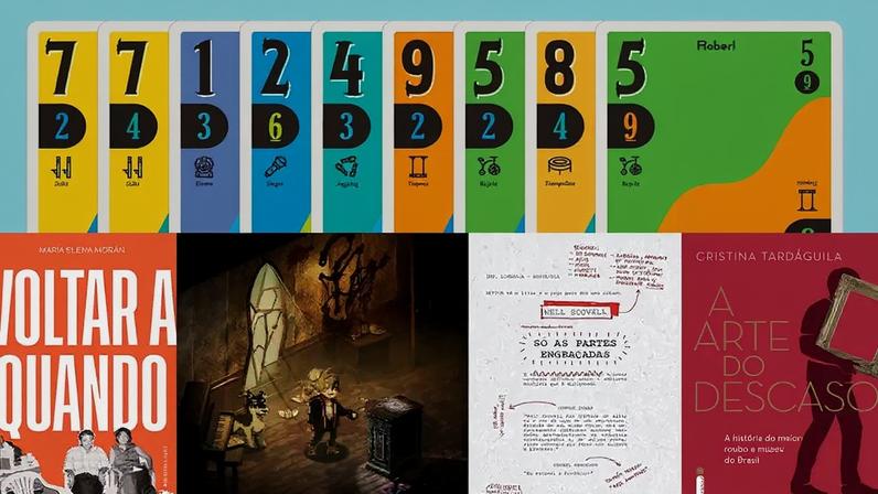 Mosaico com imagens do livros "Voltar quando", "Só as coisas engraçadas", Ä arte do descaso" e dos jogos "Enigma do Medo" e "Scout".