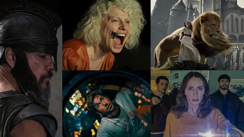 Mosaico com cenas dos filmes: A Odisseia, A noiva!, Devoradores de estrelas, Dia D e Crônicas de Nárnia.