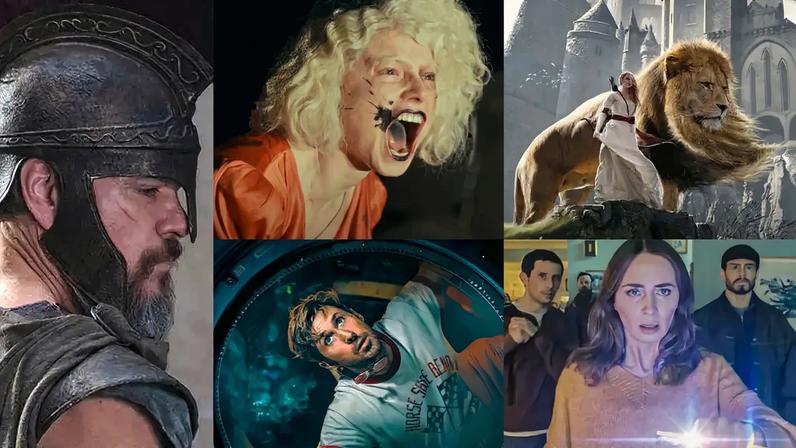 Mosaico com cenas dos filmes: A Odisseia, A noiva!, Devoradores de estrelas, Dia D e Crônicas de Nárnia.