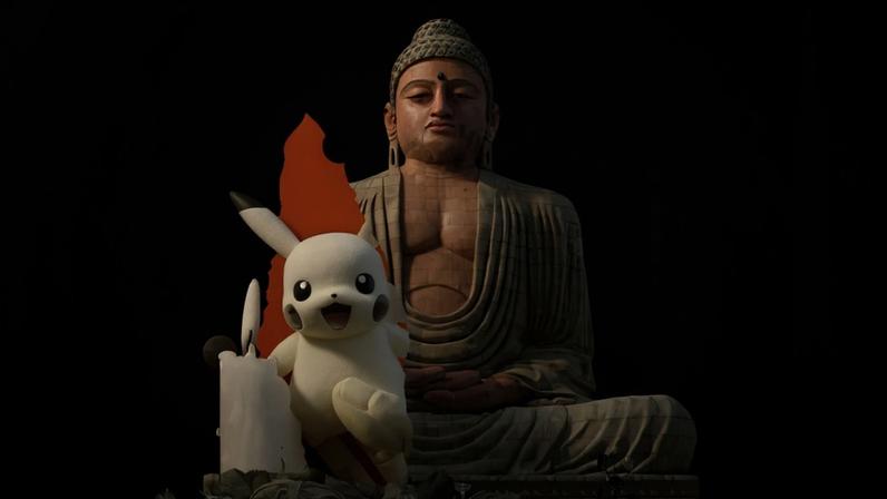 Colagem, em fundo marrom claro, composta de imagens de uma estátua grande de Buda, um Pikachu, pessoas rezando e um prato de macarrão.