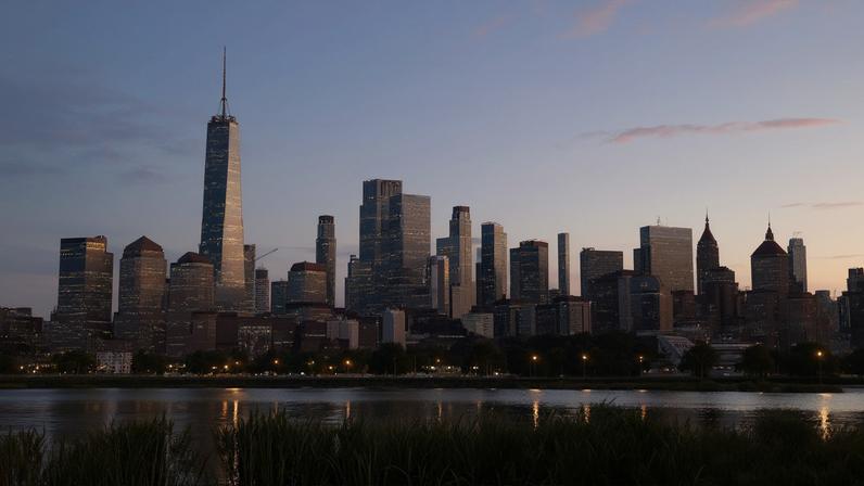 The skyline of Lower Manhattan is seen at dawn from across the Hudson River in New York City, U.S., October 18, 2025. REUTERS/Kevin Coombs/File Photo