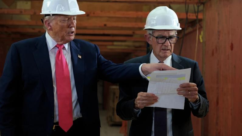 U.S. President Donald Trump and Federal Reserve Chair Jerome Powell tour the Federal Reserve’s $2.5 billion headquarters renovation project in Washington, D.C.
