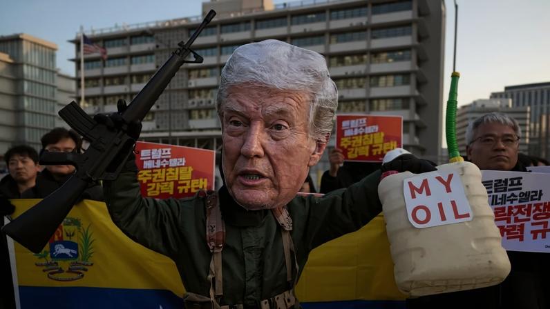 A person wearing a large Trump mask holds a gun in one hand and an oil container in the other.