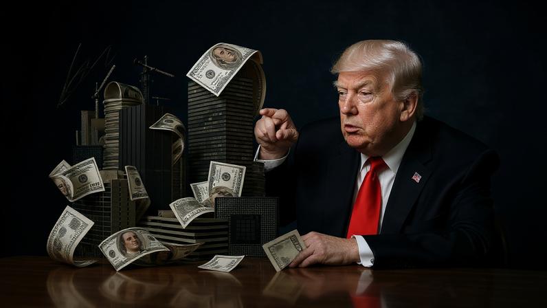 An photo collage illustration shows Donald Trump pointing toward buildings with case falling around them. Semiconductor chips also make up the scene. Red bars overlay the cream-colored background behind the photos.