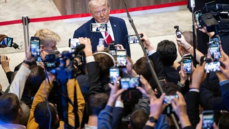 U.S. President Donald Trump delivers remarks to journalists after his speech at the World Economic Forum in Davos, Switzerland, on Jan. 21.