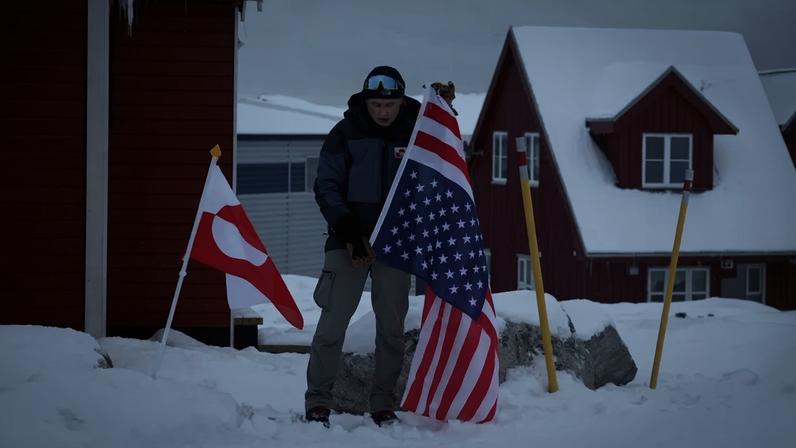 A person protests in front of the U.S. Consulate about what he called the “threat of the possibility of the annexation of Greenland by America” in Nuuk, Greenland, on March 14.